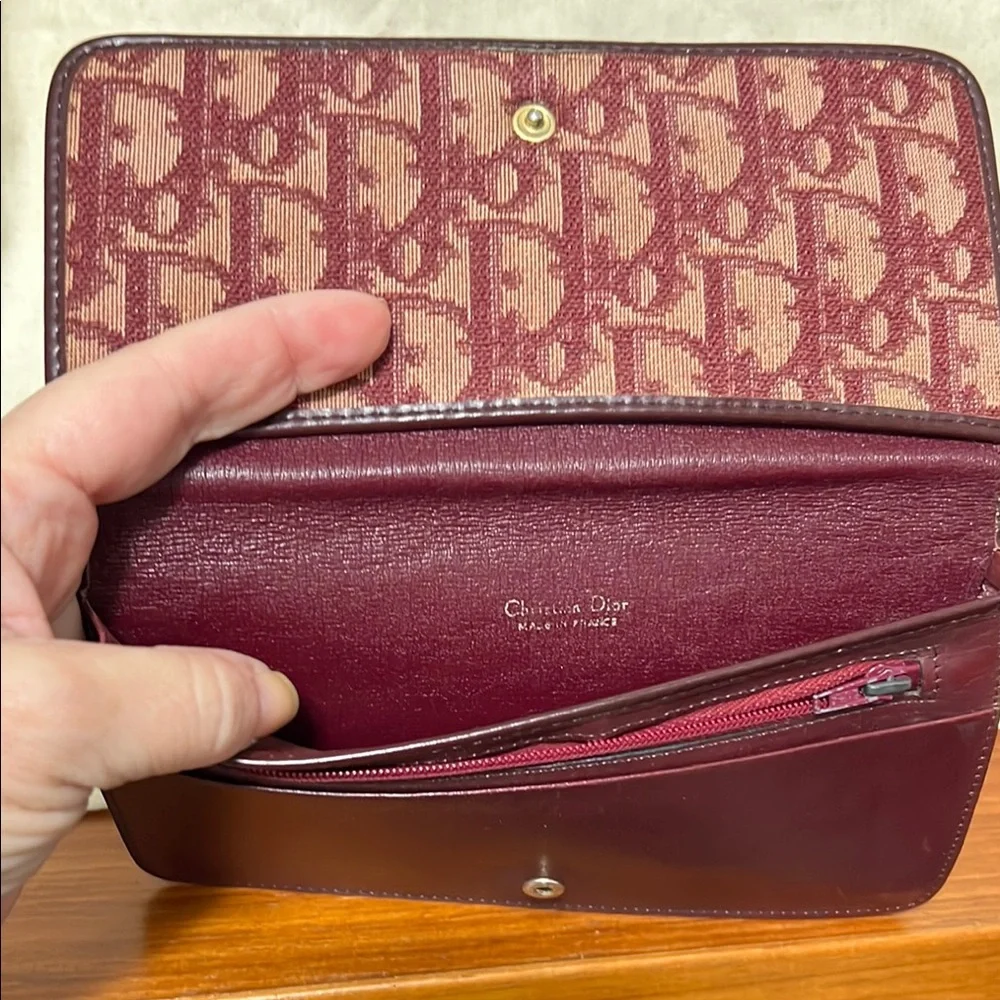 Dior Burgundy and Beige Logo Jacquard Wallet